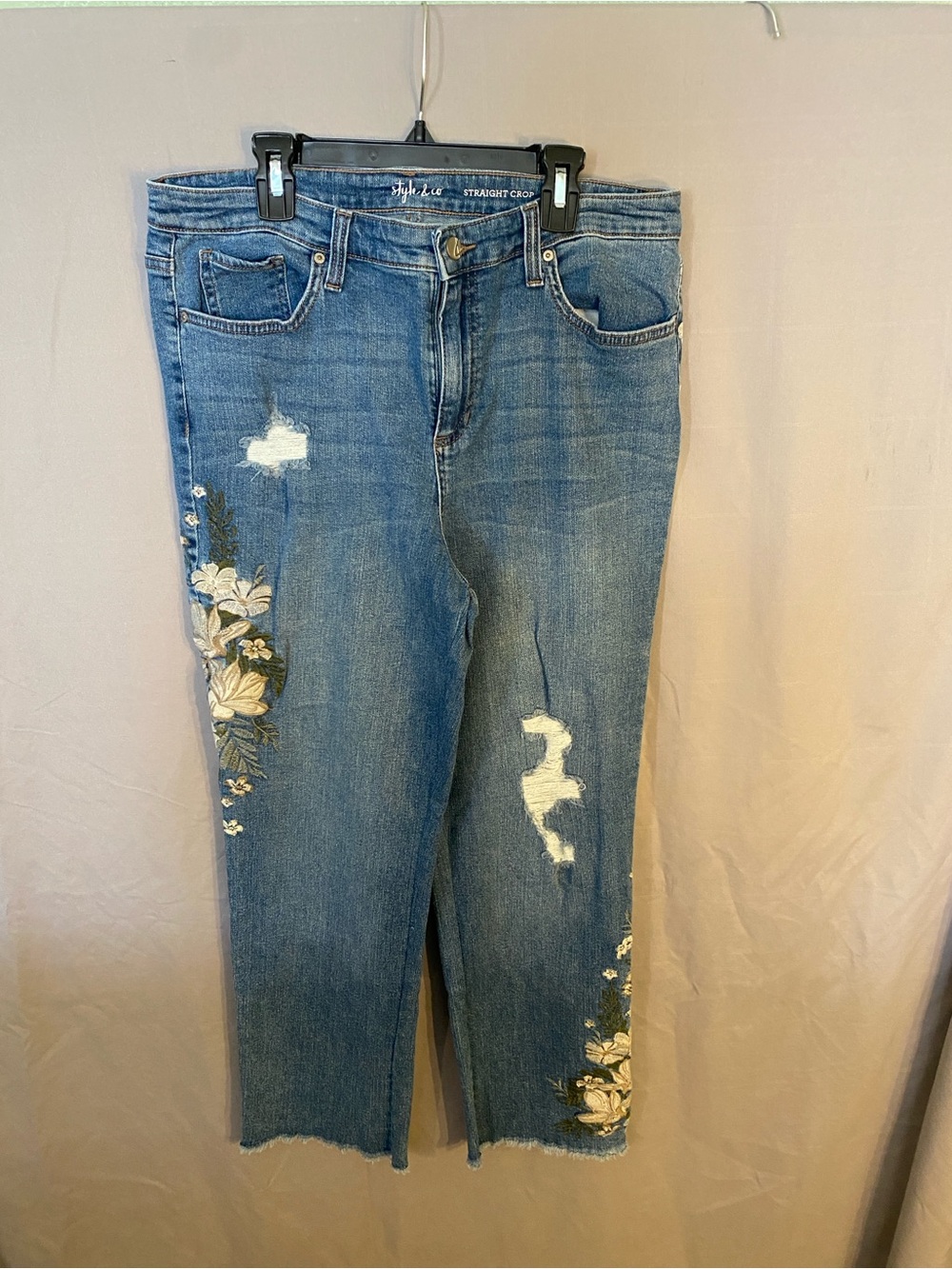 Style & Co. Blue Straight Crop Jeans with Floral Embroidery
